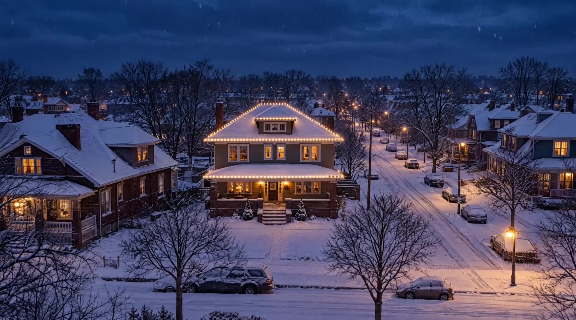 A wide view of a snowy street at night with one house outlined in warm white lights